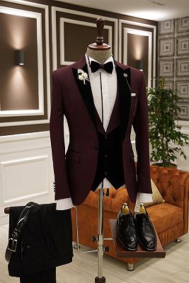 Herbert Burgundy 3-pieces Peaked Lapel Slim Fit Prom Men Suits