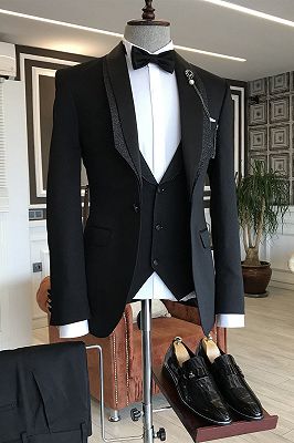 Frederic Handsome 3-pieces Black Shawl Lapel One Button Wedding Tuxedos
