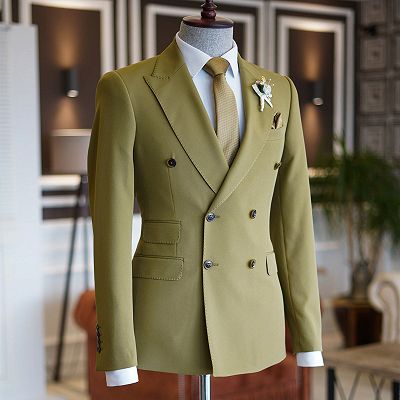 Nat Fashion Green Peaked Lapel Double Breasted Prom Men Suits