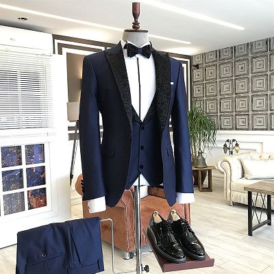 Unique Navy Blue 3-pieces Black Peaked Jacquard Lapel Business Suits_2