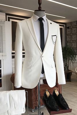 Ian Hot White Peaked Lapel One Button 3 Flaps Business Men Suits_1