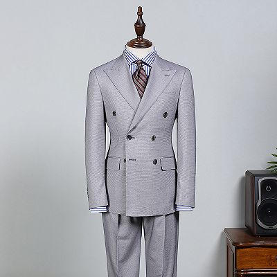 Dick Trendy Light Gray Peaked Lapel Double Breasted Bespoke Business Suit_2