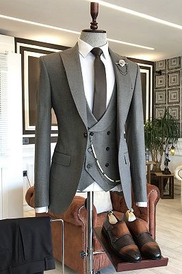 Payne Trendy Solid Gray Peaked Lapel Double Breasted Waistcoat Bespoke Business Men Suits_1