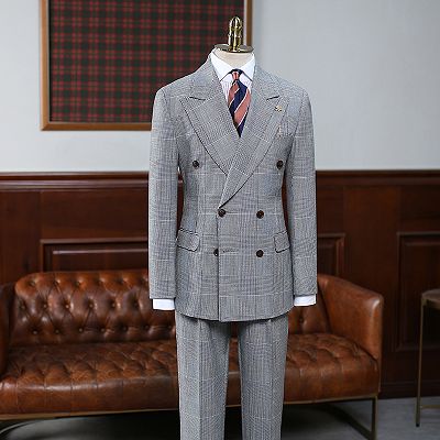 Alvis Gray Plaid Peaked Lapel Double Breasted Bespoke Men Suit For Business