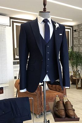 Kelly Formal 3-Pieces Solid Navy Blue Peaked Lapel Men Business Suits_1