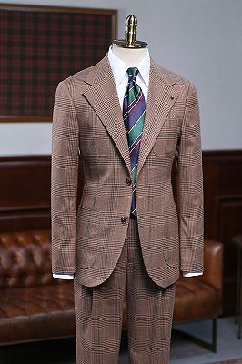 Arlen Coffee Small Plaid 2 Pieces Slim Fit Custom Business Suit_1