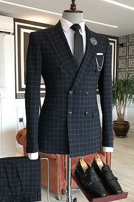 Hyman Formal Black Plaid Peaked Lapel Double Breasted Bespoke Business Men Suits_1