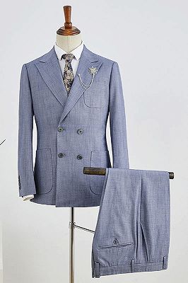 Bert fashion blue plaid peaked lapel double breasted custom business suit