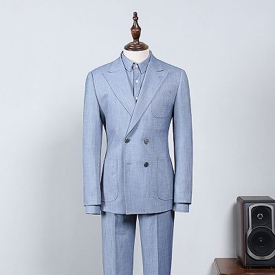 Baron Latest Sky Blue Plaid Peaked Lapel Tailored Business Suit
