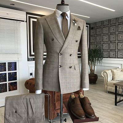 Solomon Latest Brown Plaid Double Breasted Peaked Lapel Formal Menswear_2