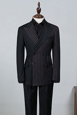 Beacher Formal Black Striped Peaked Lapel Double Breasted Bespoke ...