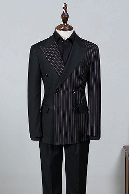 Beacher Formal Black Striped Peaked Lapel Double Breasted Bespoke Business Suit