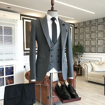 Otto Stylish Dark Gray Small Plaid Peaked Lapel 2 Flaps Business Suits For Men