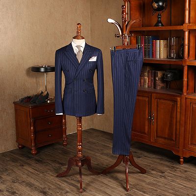 Avery Elegant Blue Striped Double Breasted Business Suit For Men