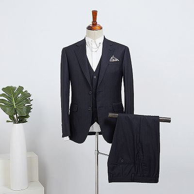 Benson Modern Navy Blue Striped 3 Pieces Slim Fit Bespoke Business Suit