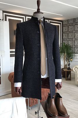 Joyce Black Striped Stand Collar Single Breasted Slim Fit Wool Jacket_1