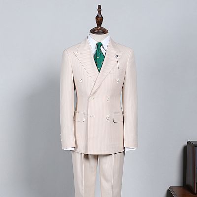 Noah Handsome Light Khaki Striped Double Breasted Bespoke Suit_2