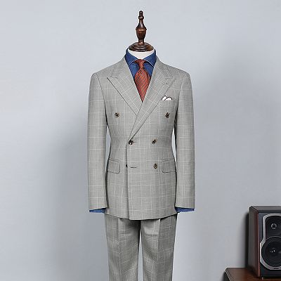 Roy Trendy Gray Plaid Double Breasted Bespoke Business Suit