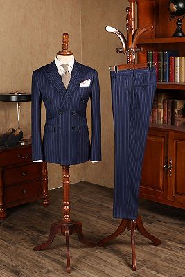Avery Elegant Blue Striped Double Breasted Business Suit For Men