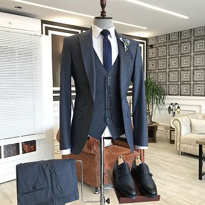 Leo Black 3-Pieces Peaked Lapel Formal Business Men Suits