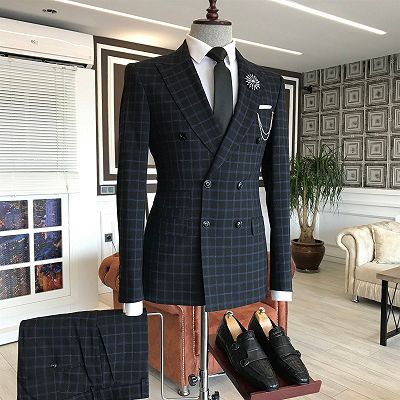 Hyman Formal Black Plaid Peaked Lapel Double Breasted Bespoke Business Men Suits_2