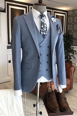 Popular Blue Plaid Notched Lapel Double Breasted Waistcoat Bespoke Business Suits For Men_1