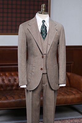 Atwood Handsome Light Khaki Plaid 3 Pieces Tailored Business Suit_1