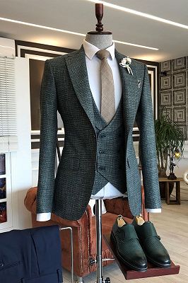 Formal Dana Black Plaid 3-Pieces Peaked Lapel Slim Fit Tailored Business Suits For Men_1