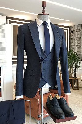 Hot Navy Blue Small Plaid One Button Double Breasted Waistcoat Bespoke Business Suits_1
