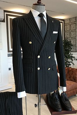 Tab Trendy Black Striped Peaked Lapel Double Breasted Business Suits For Men_1