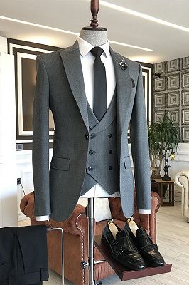 Otto Stylish Dark Gray Small Plaid Peaked Lapel 2 Flaps Business Suits For Men_1