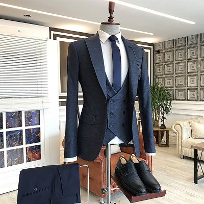 Hot Navy Blue Small Plaid One Button Double Breasted Waistcoat Bespoke Business Suits_2