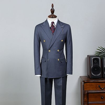 Jack New Navy Blue Striped Peaked Lapel Tailored Business Suit_2