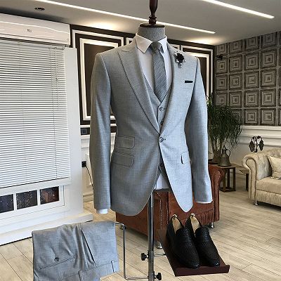Kent Formal Light Gray 3-Pieces Peaked Lapel Suits For Men Business