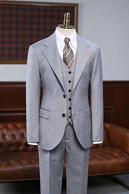 Andy Gray Small Plaid 3 Pieces Notched Lapel Slim Fit Business Suit_1