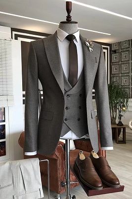 Popular Brown Small Plaid 3-Pieces Peaked Lapel Business Suits For Men