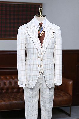 Alfred Fashion White Plaid 3 Pieces Notched Lapel Slim Fit Suit_1