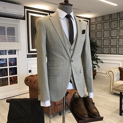 New Arrival Light Brown Small Plaid Notched Lapel Slim Fit Tailored Business Suits For Men