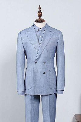 Baron Latest Sky Blue Plaid Peaked Lapel Tailored Business Suit