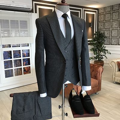 Osmond Black Small Plaid Peaked Lapel Double Breasted Waistcoat Custom Business Suits_2