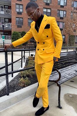 Adrian Yellow Double Breasted Peaked Lapel Slim Fit Men Suits_1