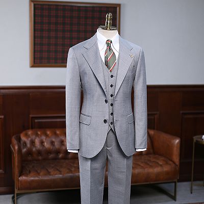 Andy Gray Small Plaid 3 Pieces Notched Lapel Slim Fit Business Suit_2