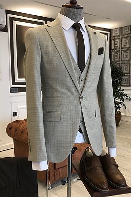 New Arrival Light Brown Small Plaid Notched Lapel Slim Fit Tailored Business Suits For Men_1
