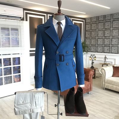 Lambert Royal Blue Double Breasted Slim Fit Business Wool Coat With Belt