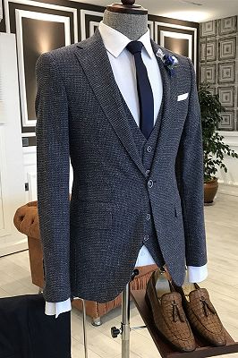 modern navy blue small plaid notched lapel slim fit custom formal menswear