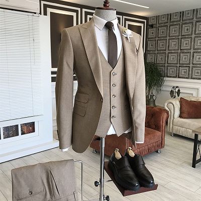 Jacob Formal Light Brown 3-Pieces Peaked Lapel Slim Fit Men Business Suits_2