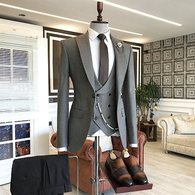 Payne Trendy Solid Gray Peaked Lapel Double Breasted Waistcoat Bespoke Business Men Suits