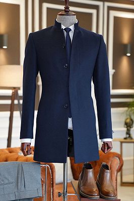 Marvin Navy Blue Stand Collar Slim Fit Tailored Wool Jacket For Business