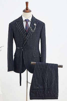Bernard Stylish Black Striped With Adjustable Belt Slim Fit Business Suit_1
