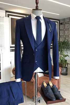 Owen Modern Navy Blue 3-Pieces Peaked Lapel Slim Fit Business Men Suits